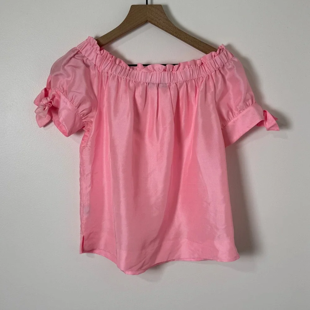 J Crew 100% Silk Blouse Womens 0 Pink Off Shoulder Coquette Feminine Romantic
